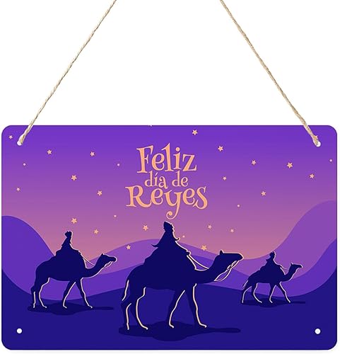 Miniatura 1 de Placa de metal para pared, diseño de camello morado degradado con texto en inglés "Three Kings Day", decoración de pared duradera para colgar en la