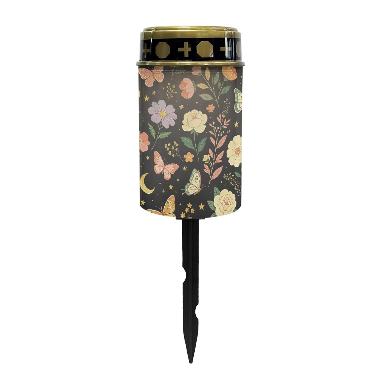 Poceacles Solar Pathway Lights Outdoor Grave Solar Lights Outside Waterproof Cemetery Flameless Candles Outdoor Grave Candle Markers Eternal Decor, Butterfly Floral Print Black