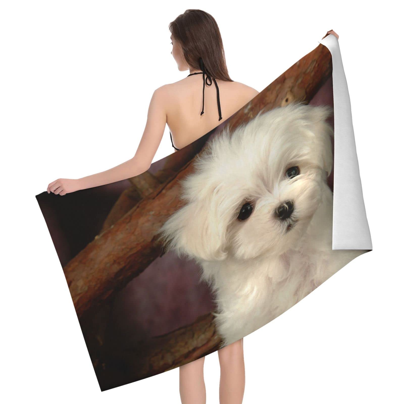 Lawenp Maltese Puppy Beach Towel, Lightweight Sand Free Quick Dry Microfiber Absorbent Bath Towel for Kids, Adults, Swimming, Bath, Yoga, Pool, Travel, Camping 32"X52"
