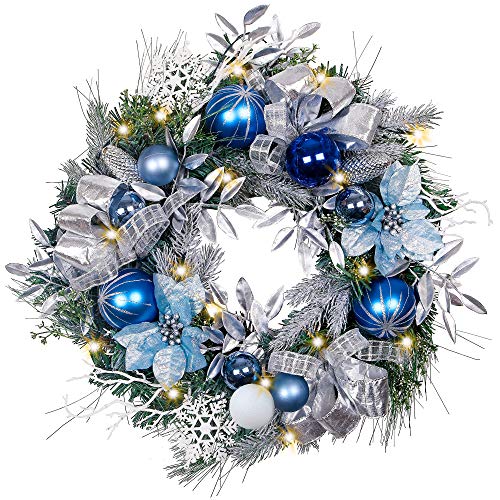 Valery Madelyn Pre-Lit 24 Inch Winter Land Blue Silver Christmas Wreath for Front