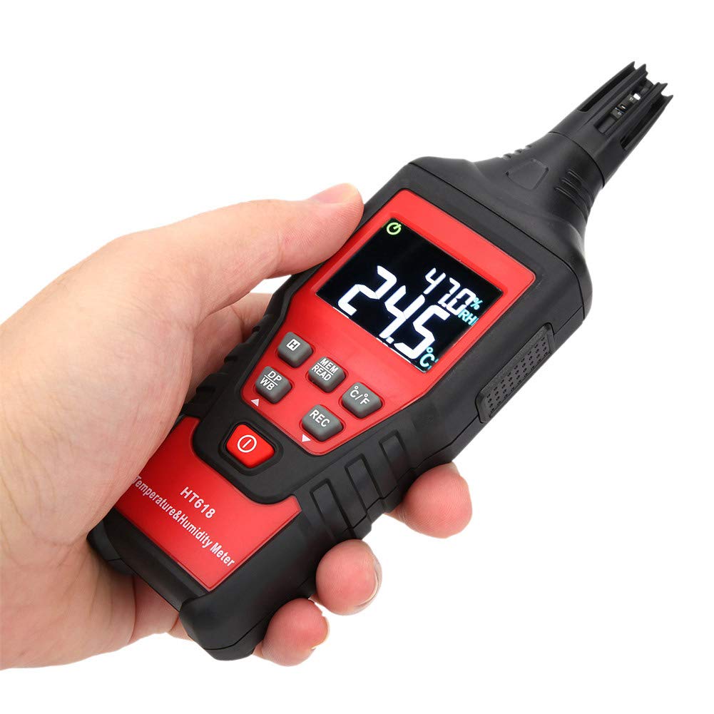 Medidor de temperatura y humedad Sensibilidad digital Pantalla LCD dual portátil HT618 para oficina en casa Invernadero Uso en interiores y exteriores Plástico 180x60x33 mm