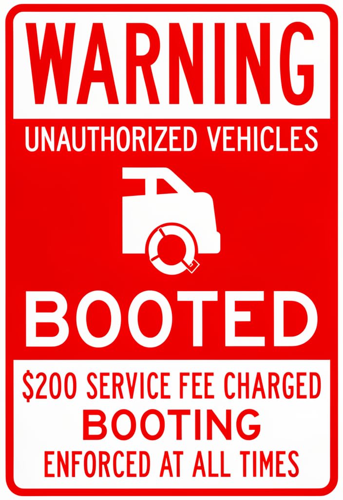 peiyeety Warning Unauthorized Vehicles Booted Tin Sign 12x8 Inch, Red & White Metal Parking Notice Wall Plaque, Garage Driveway Lot Security Decor for Home, Office, Business, Gift Idea