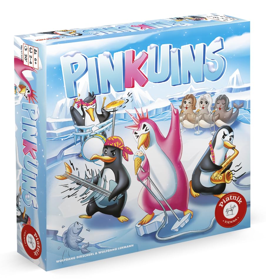 Piatnik Pinkuins - Bühne frei für die Rockband im Schnee! Das Plättchen-Ablegespiel rund um die Show der rockigen Pinguine.