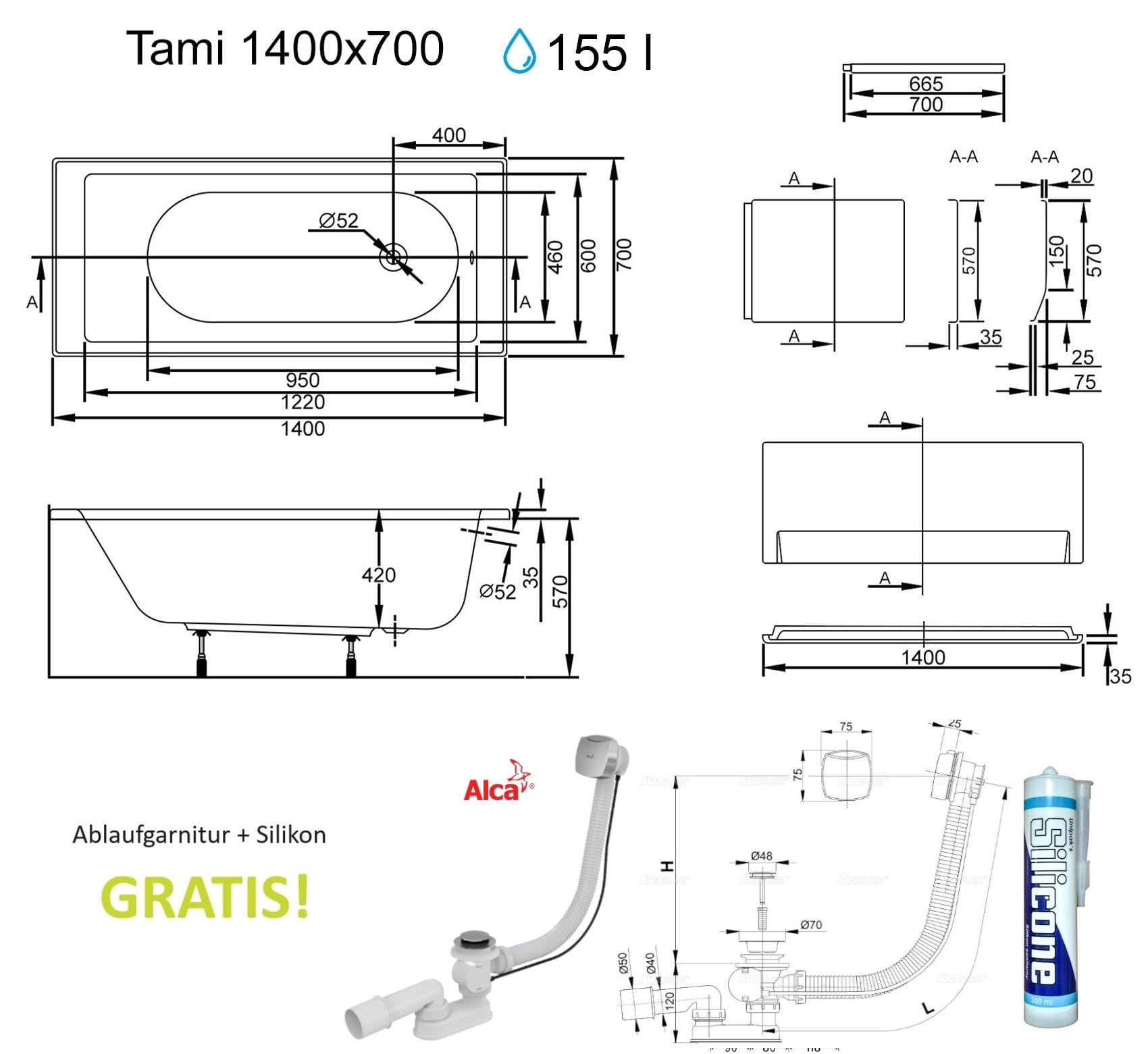 ECOLAM Vasca da bagno TAMI 140 x 70 cm + grembiule, vasca rettangolare in acrilico sanitario, set completo con grembiule acrilico, scarico e troppopieno, set di piedini automatici in silicone