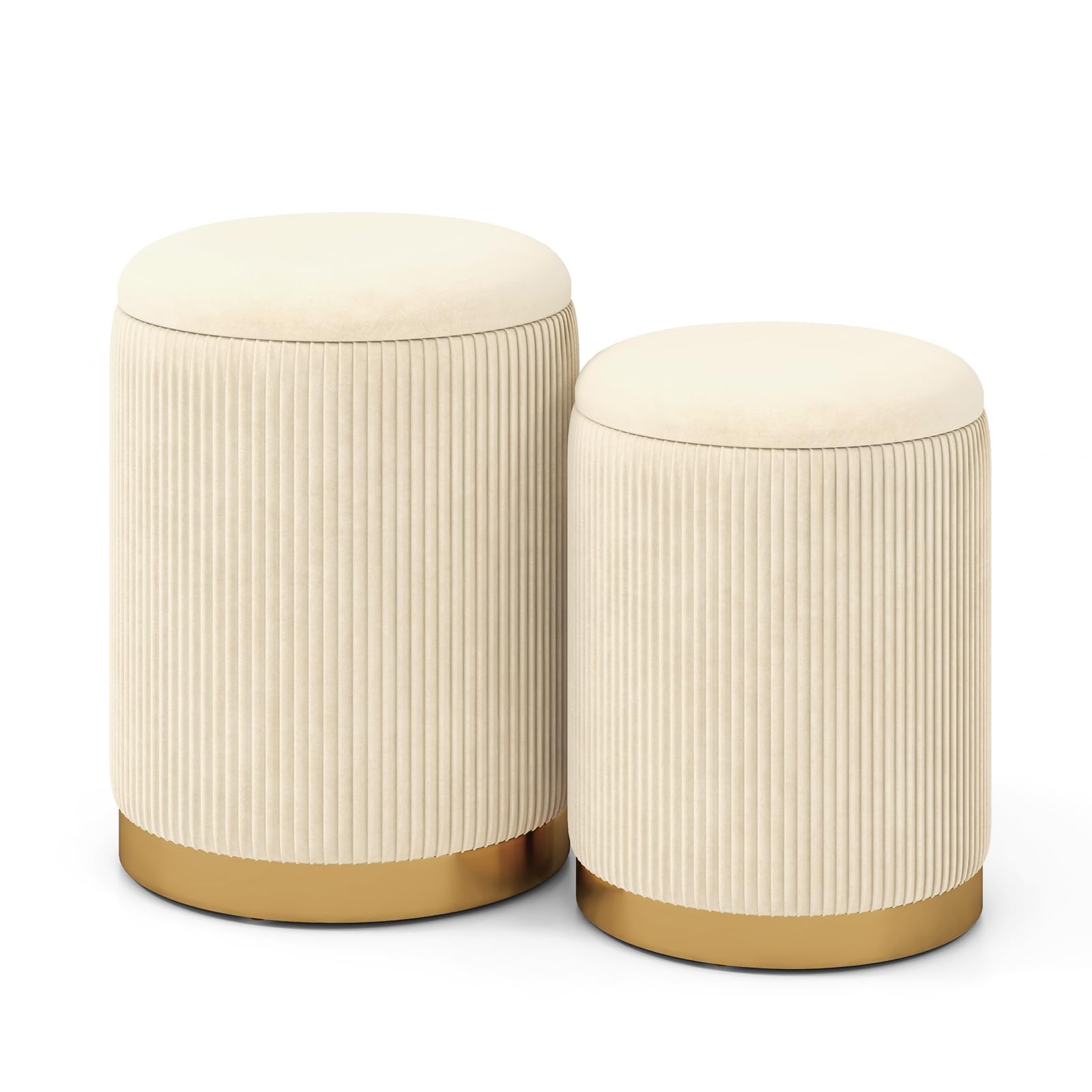 GOFLAME Velvet Storage Ottoman Set of 2, Modern Round Ottoman with Storage, Upholstered Footrest with Gold Hoop, Vanity Stool Chair, Stackable Footstool for Living Room, Bedroom, Beige & Golden