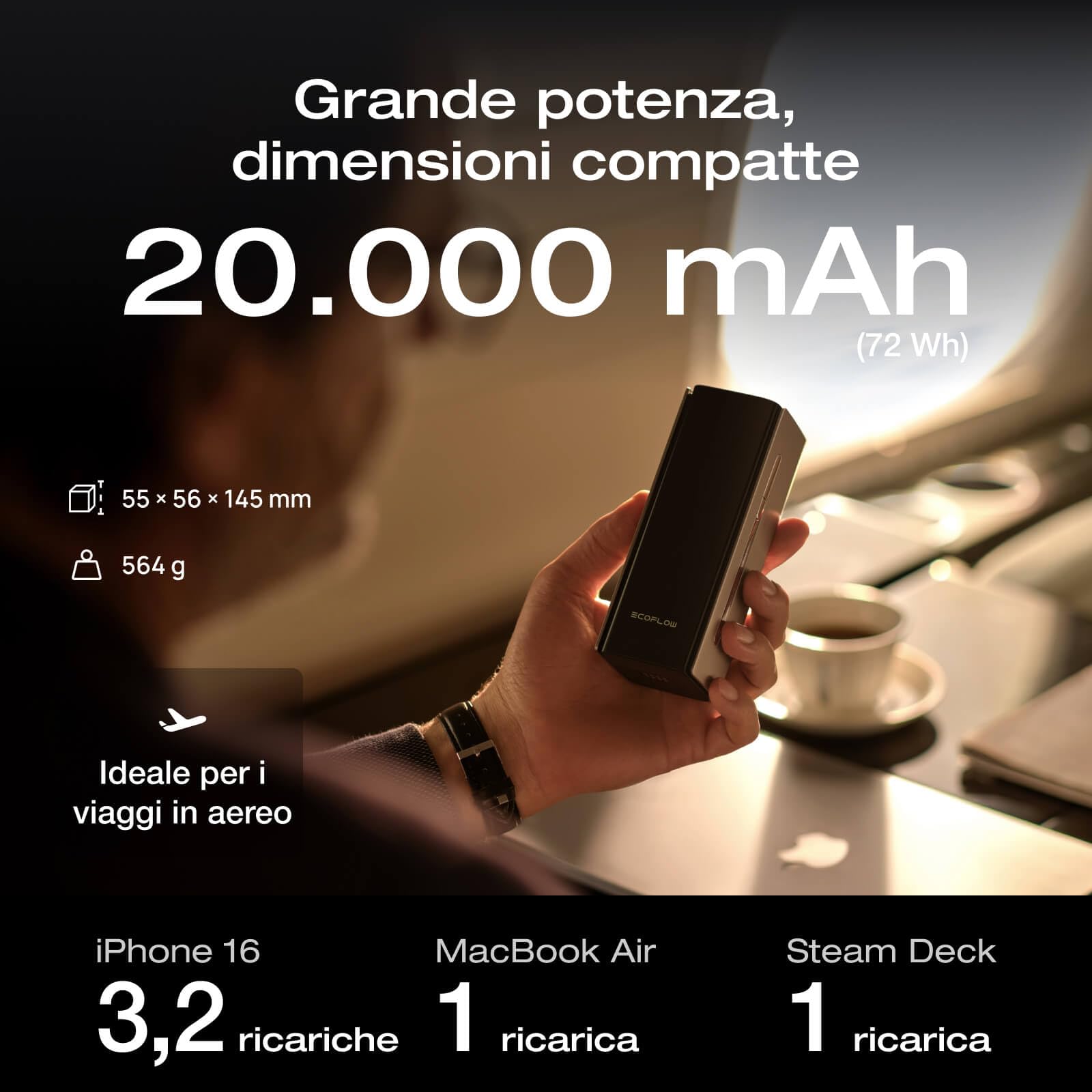 EcoFlow Power Bank 20000mAh 230W Max con Cavo 100W Integrato, Laptop Power Bank 120W Caricatore Portatile 4 Porte USB C Portable Charger per iPhone 17/16/15 Pro Max, MacBook, Samsung Galaxy
