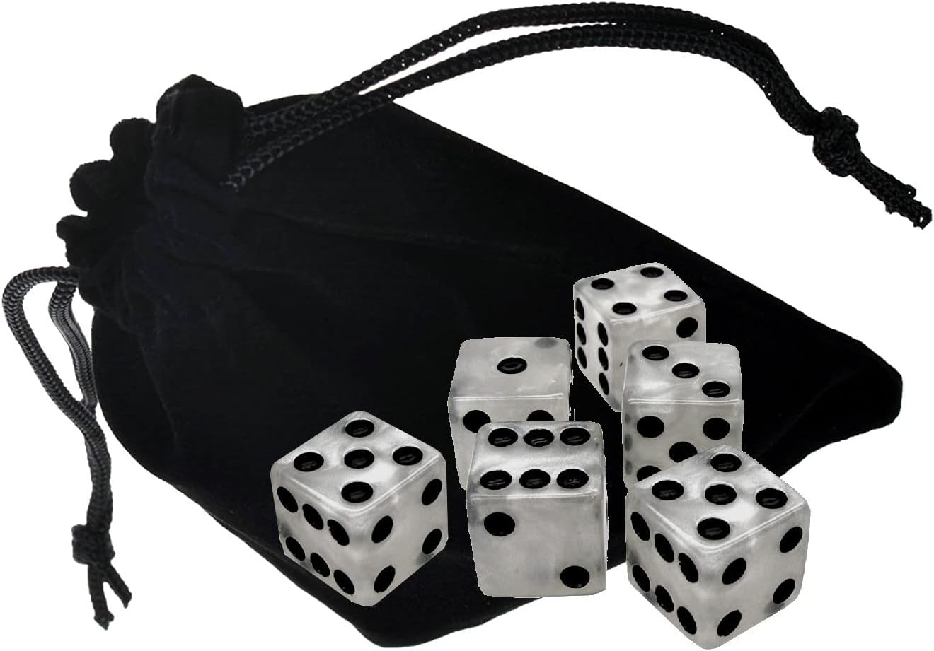 Set of (6) 16mm D6 Dice Marbleized Standard Squared Corners ... Plus Black Velvet Cloth Pouch Bag (Gold)
