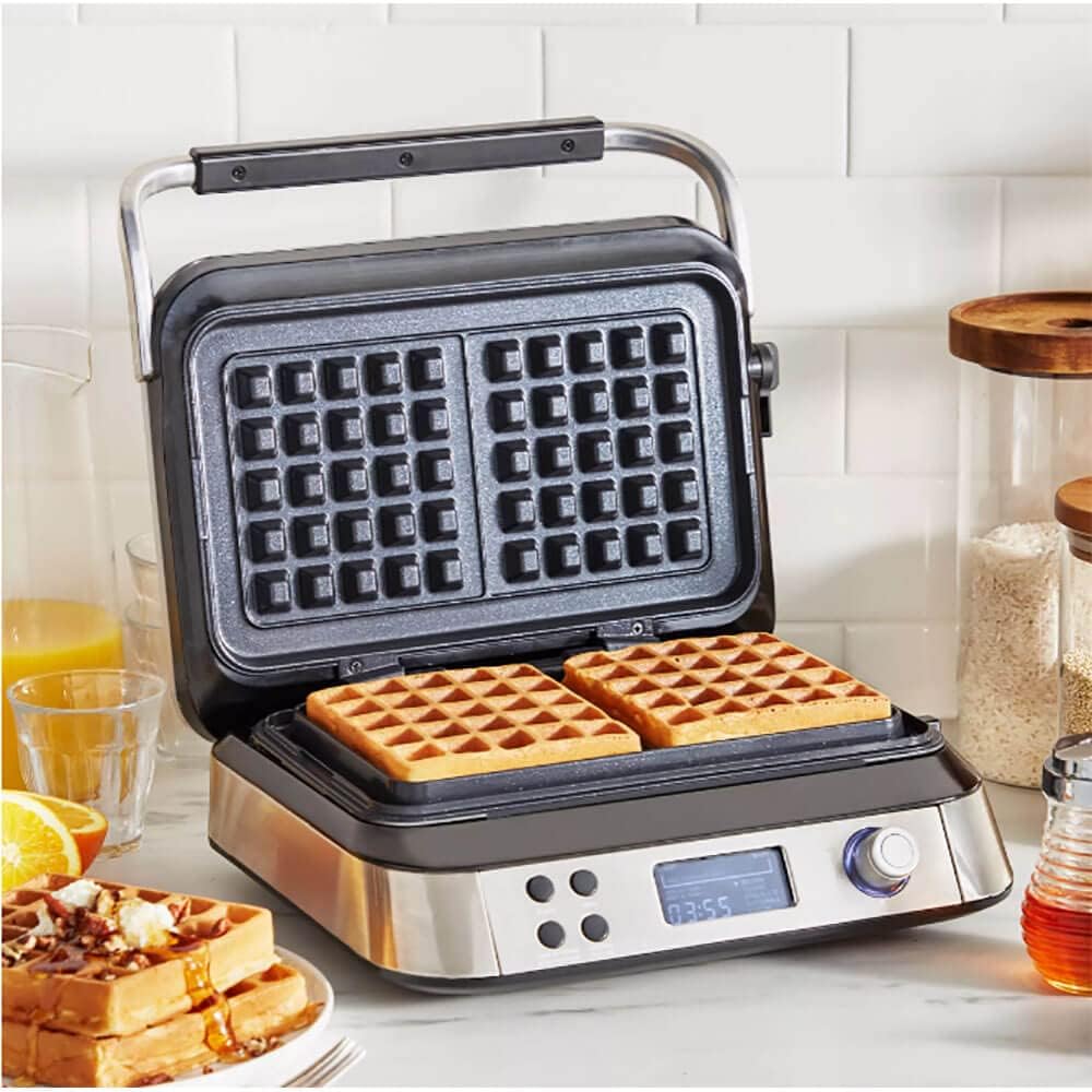 Stainless Steel 2-Square Waffle Maker, Healthy Ceramic Nonstick, Adjustable Crunch Settings, Overflow Prevention, Easy Presets LED Display, PFAS-Free