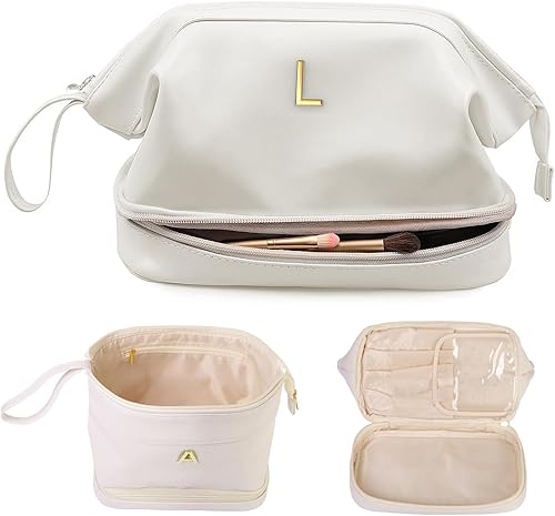 Bolsa de maquillaje grande con inicial, bolsa de cosméticos personalizada de doble capa con organizador de brochas de maquillaje, impermeable,