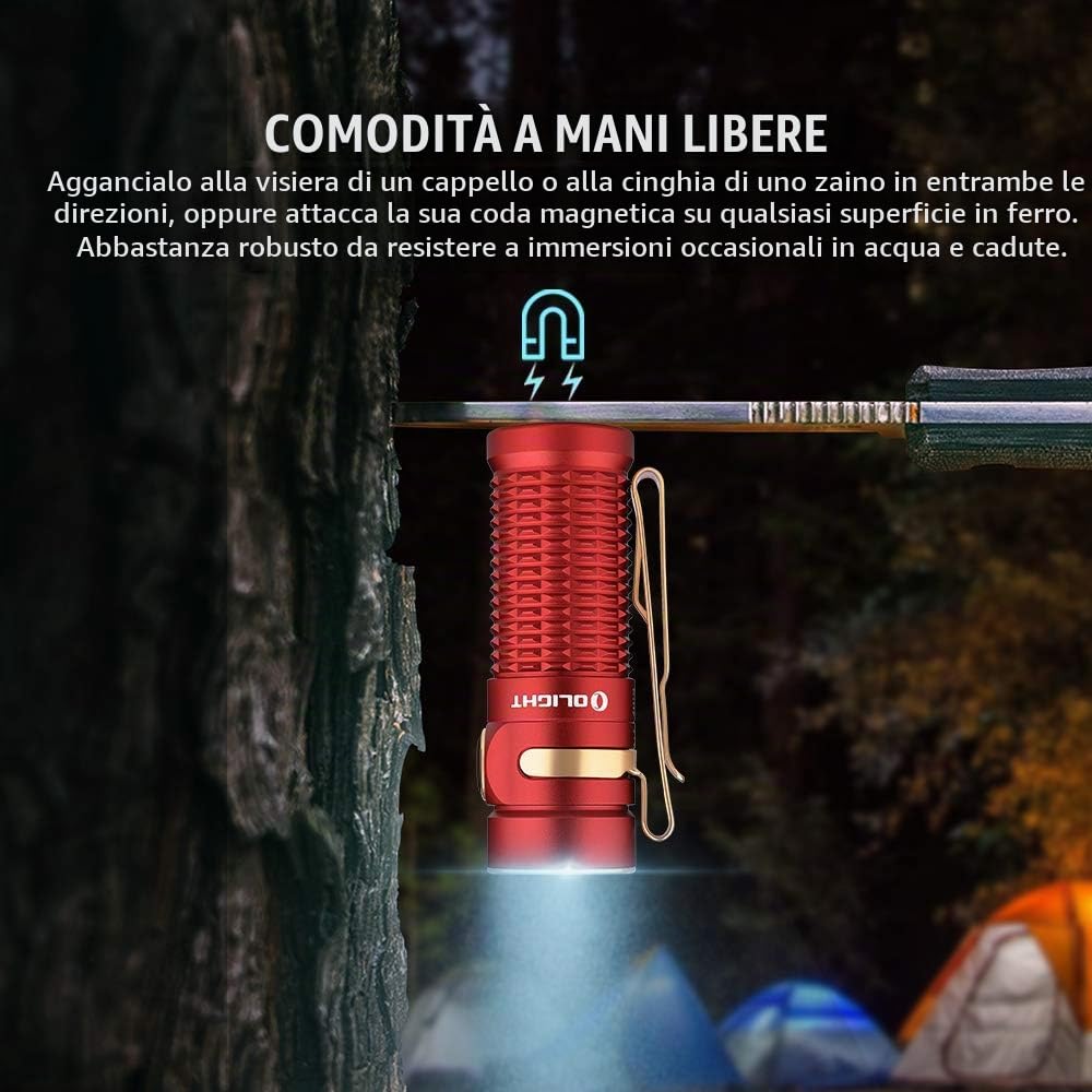 OLIGHT Baton3 Torcia LED Portatile Ricaricabile, Alta Potenza 1200 lumen 166 Metri, 6 Modalità di illumizione, Impermbile IPX8, Adatta per Campeggio, Escursionismo, Emergenza (Rosso)