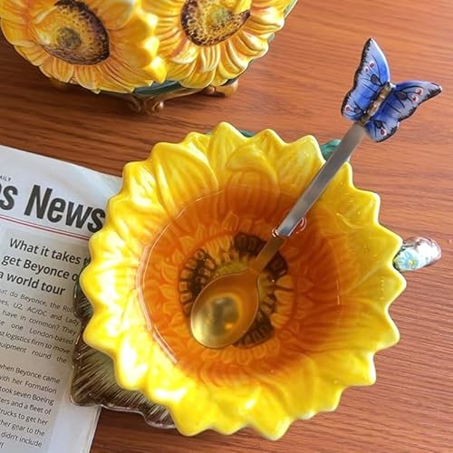 Forlong Ceramic Coffee Mug And Saucer Set With Spoon,3D Handmade And Hand-Painted Sunflower And Leaf Design Tea Mug thumb #1