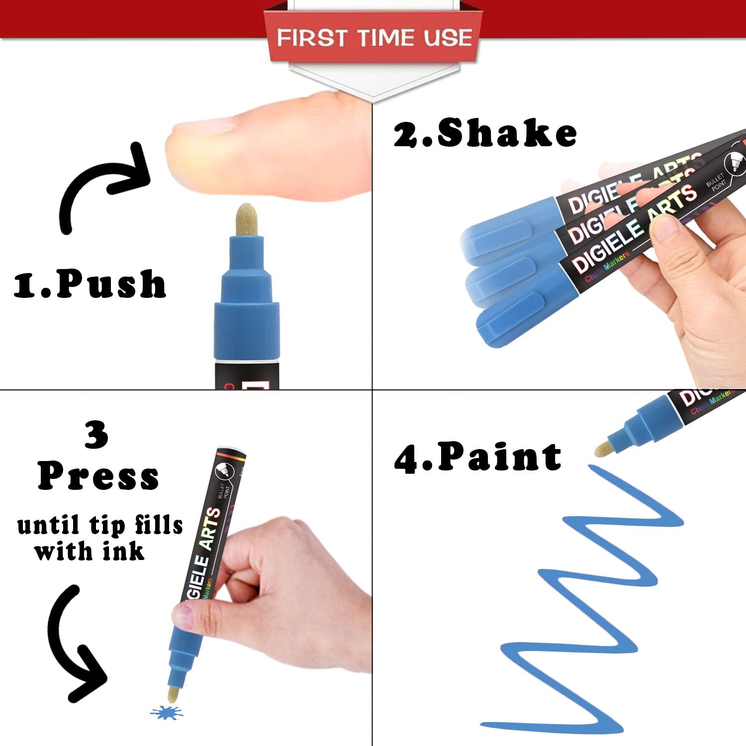 Liquid Chalk Marker Pens Blue + Green, 2pcs 3mm Chalk Pens + 2pcs 6mm Chalk Markers, Dry or Wet Wipe Erase, Thin & Medium Reversible Bullet or Chisel Tip, 4 Pens & 16 Chalkboard Labels Packed