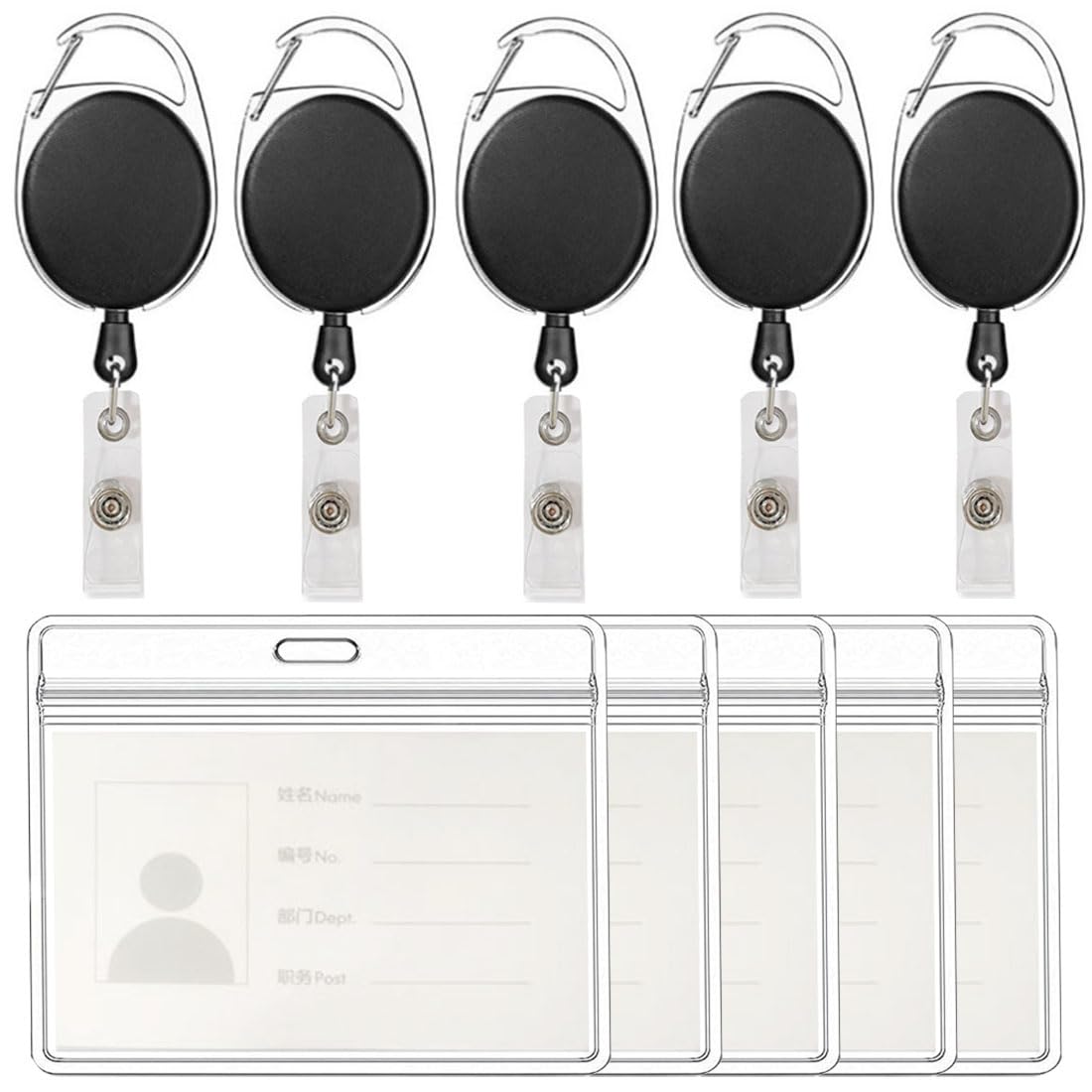 Clear ID Badge Holder,Waterproof Extra Thick Plastic ID Card Holder with Resealable Zip, Vertical Style Retractable ID Badge & Lanyard Black 5pack