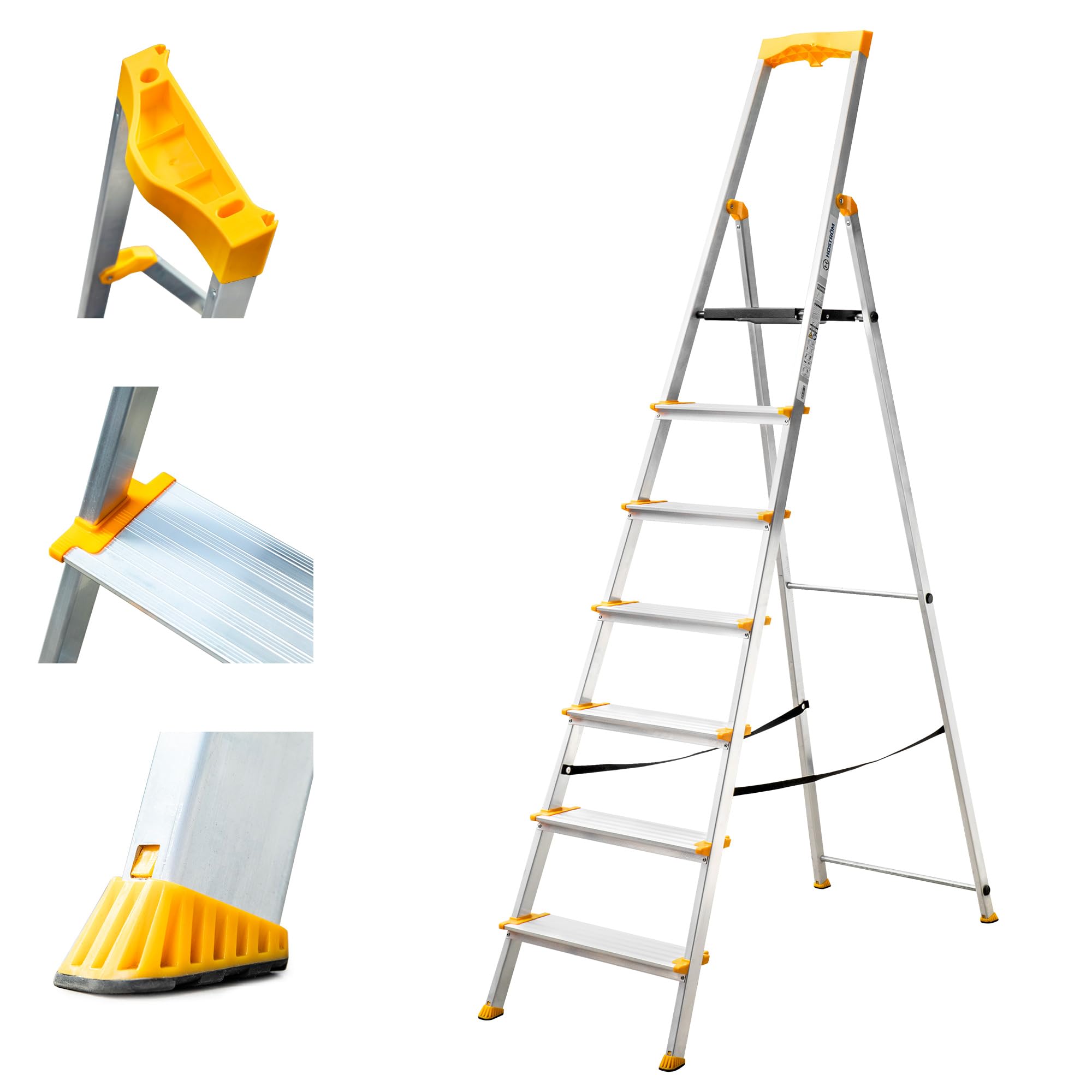 HOSTRÖM Aluminium 7 Step Ladder Folding and Safe, Tool Tray, Wide Steps 12 cm, Home and Pro Use, 5 Year Warranty.