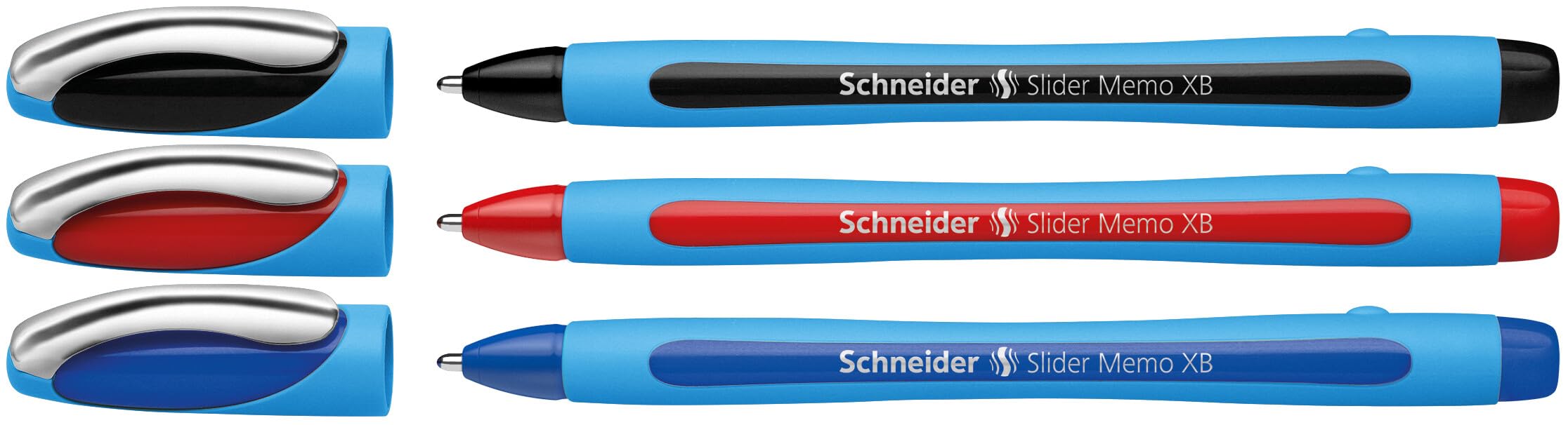 Schneider 150293 Slider Memo XB Kugelschreiber (mit Kappe, Strichstärke: XB, Schreibfarbe: rot/schwarz/blau, Made in Germany) 3er Etui