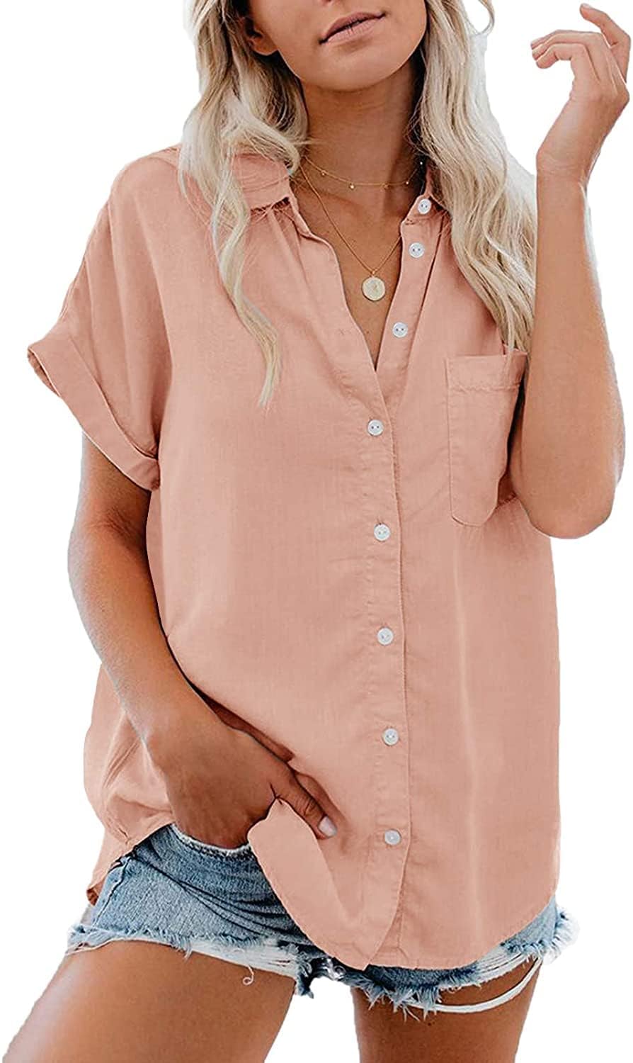 Womens Button Down Shirts Pocket Cap Sleeve Summer Blouse Military Utility Tops X-Large