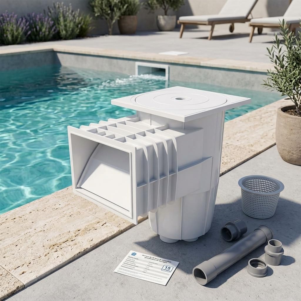 Skimmer Suinga da 15 litri di capacità con bocca standard e coperchio quadrato a pressione per piscine in cemento.