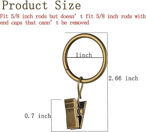 16 Pack Curtain Rings with Clips, Window Clip Rings Black Curtain Hooks Hangers Clip Rings for Hanging Drapery Drapes Bows, Small 1.26 Inch in Diameter, Fits up to 1" Rod(Bronze,44pcs-1in)