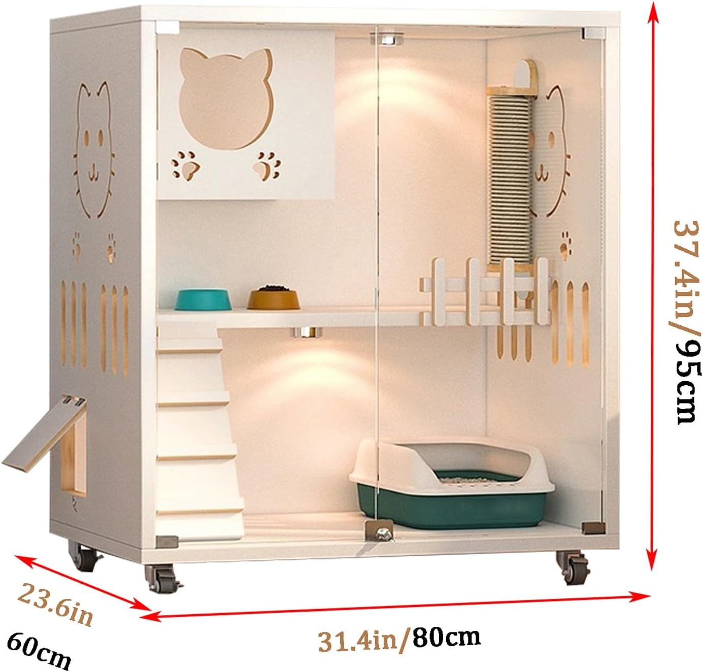 Cat Enclosures, White Cat Cage Indoor, 2-layer/3-layer, Transparent door can see through, Large Cat Cage with small door for easy entry and exit(31.4x37.4/80x95cm)