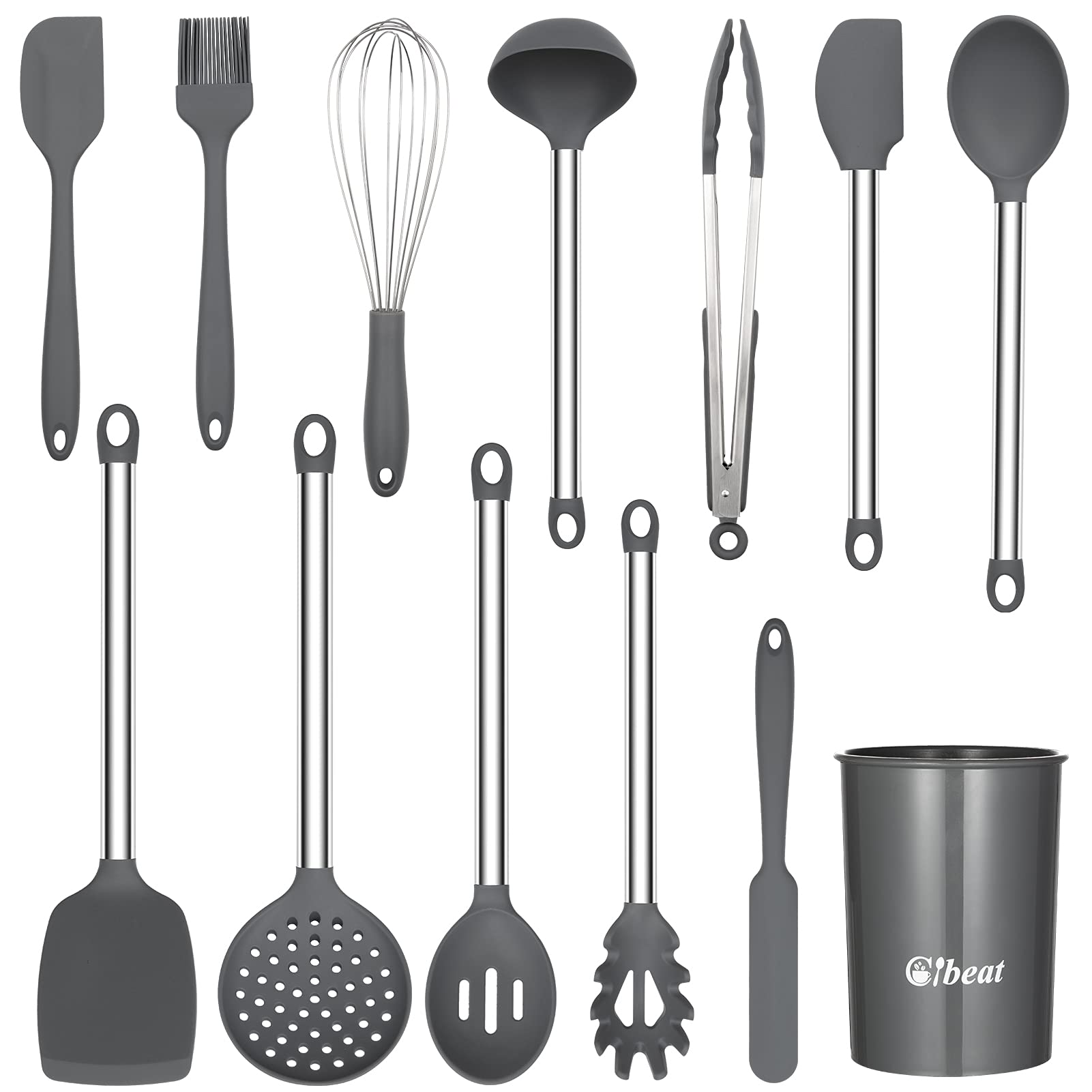 Fashionwu Juego de utensilios de cocina, 13 piezas, utensilios de cocina de silicona antiadherente resistente al calor, asas de acero inoxidable, incluye pinzas, espátulas, cucharas y más, color gris