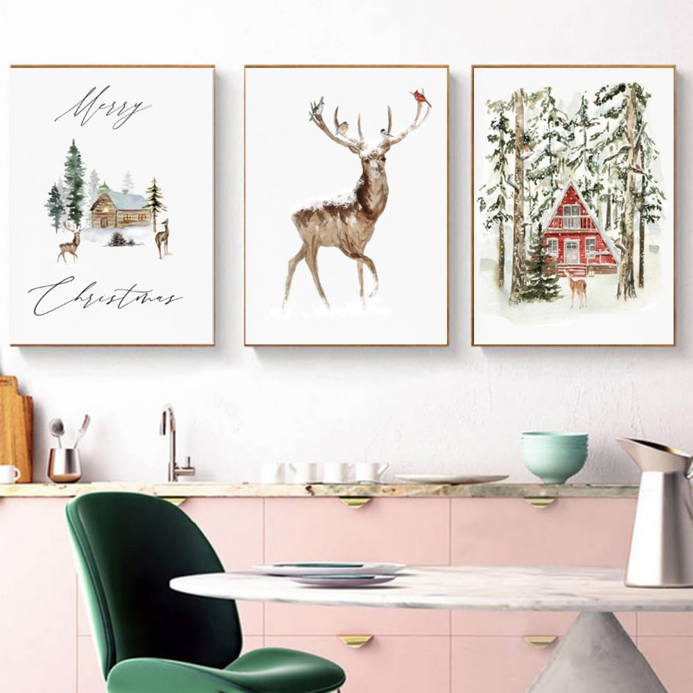 WBYZAC Wall Pictures-Abstract Nordic Winter Scenery Picture Snow Pine Elk Canvas Painting Wall Art Poster and Print Bedroom Office Home Decor Artwork-40 * 50cm*3PCS (No Frame)