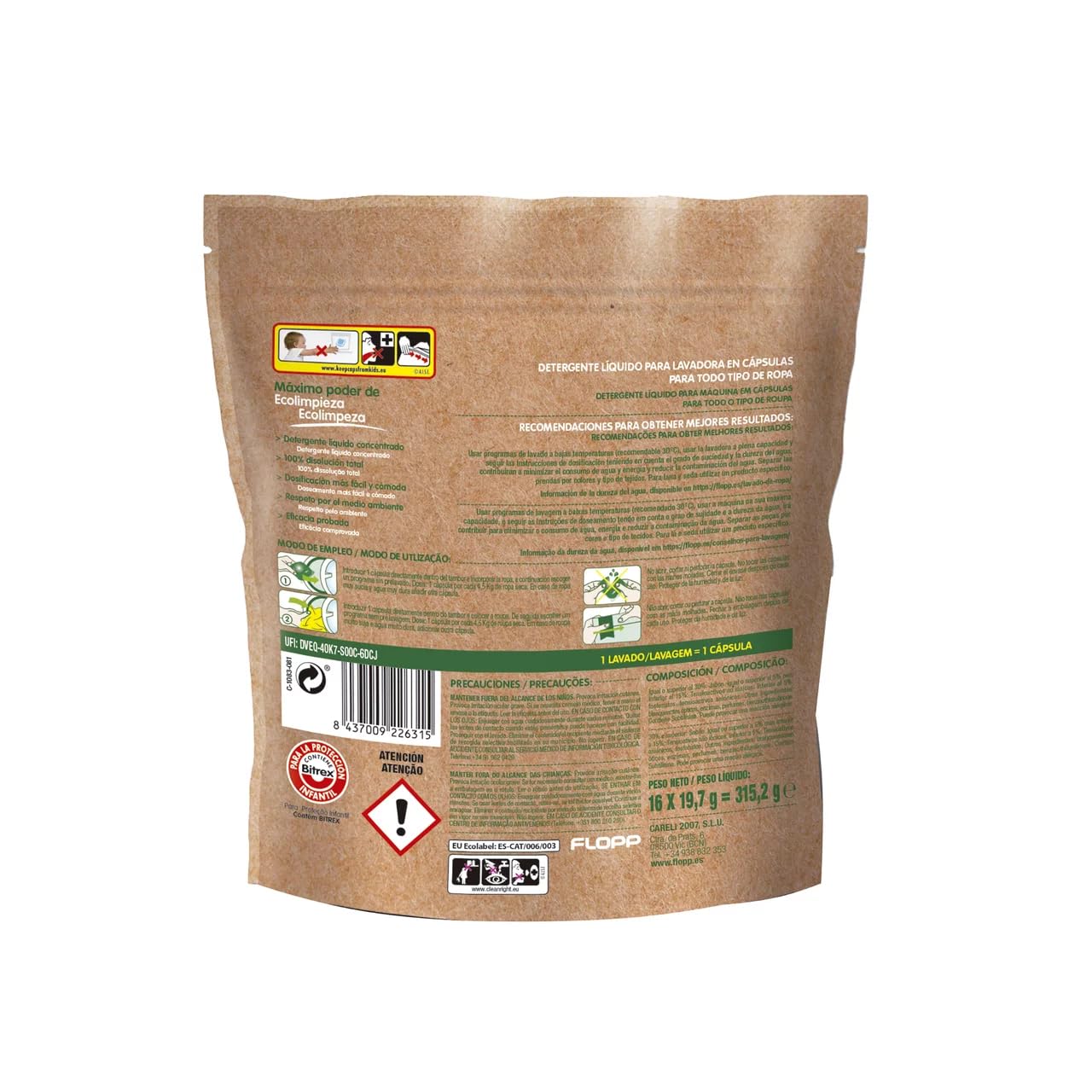 Detergente líquido ecológico en cápsulas F para todos los tejidos, 16 unidades, 315,2 g, 8 unidades