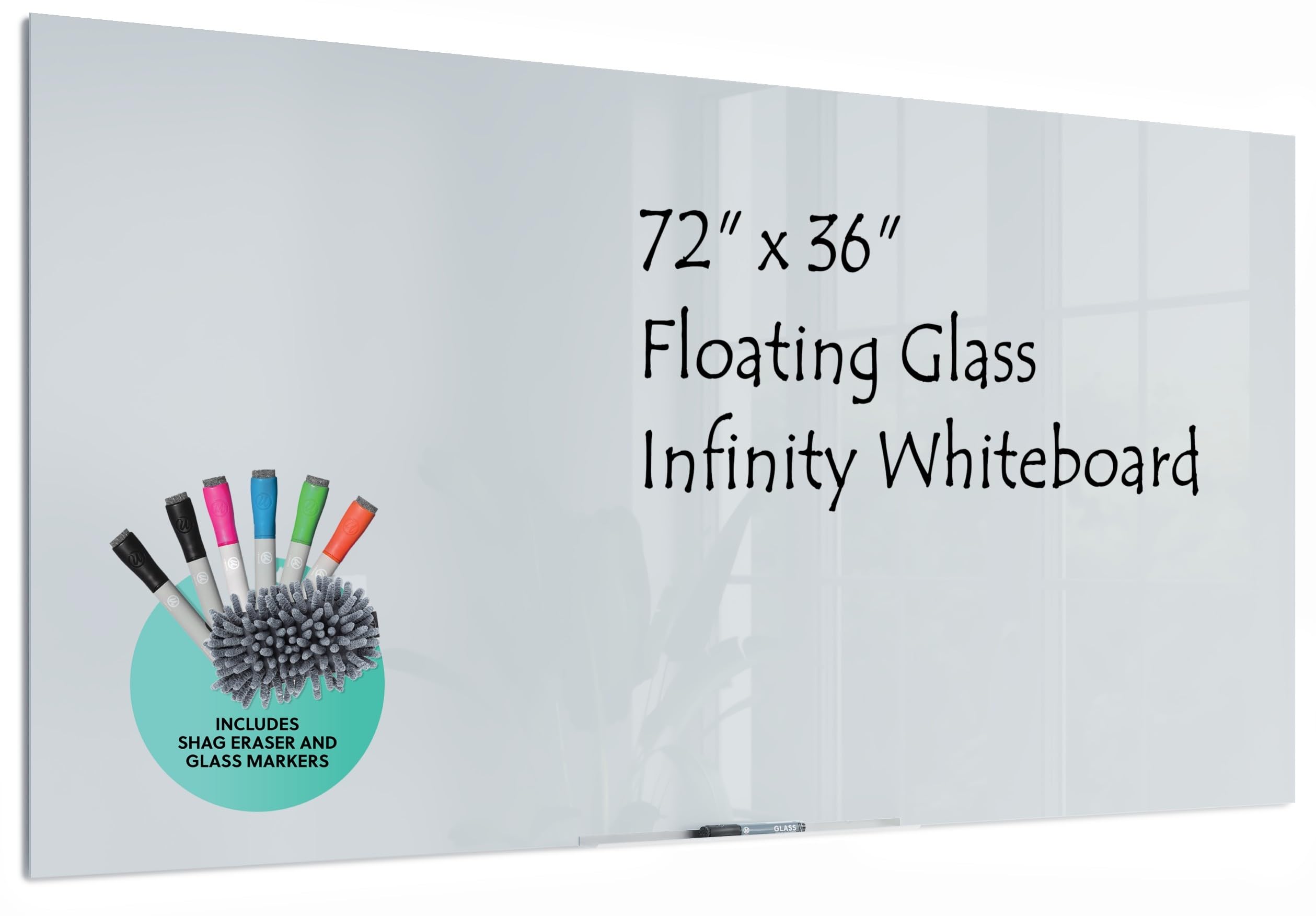 U Brands Floating Non-Magnetic Glass Dry Erase Floating Whiteboard, Includes 18" Tray, Shag Eraser, Markers, 72 X 36 (3978U00-01)