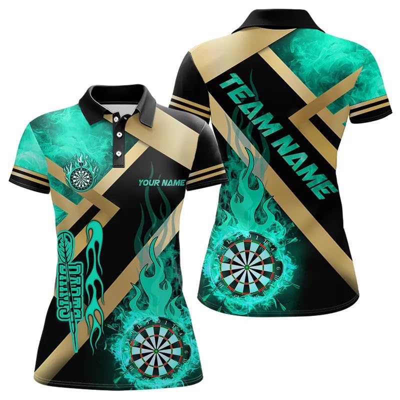 Personalized Womens Dart Shirts, Darts Shirts for Women, Gold and Turquoise Dartboard Fire Flame Custom Dart Shirts for Women, Darts Team Jerseys, Dart Shirts, Custom Dart Jersey for Team