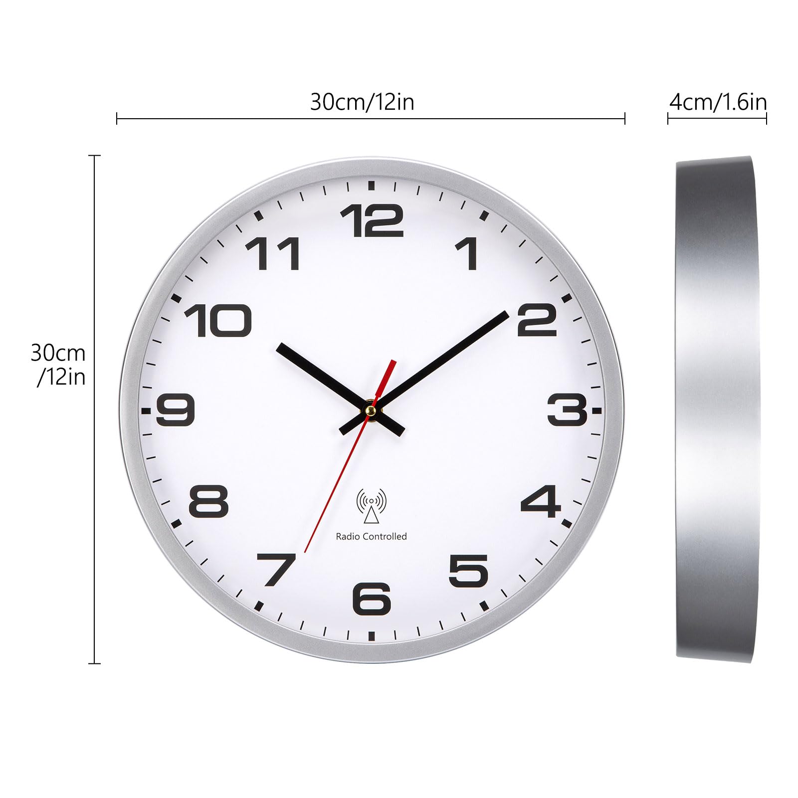 Funkuhr Wanduhr 30cm Quarz Batterie Betriebene Groß Wanduhr Einfach zu Lesen für Zimmer Zuhause KüChe Schlafzimmer Büro Schule (Weiß + Silber, 30cm)