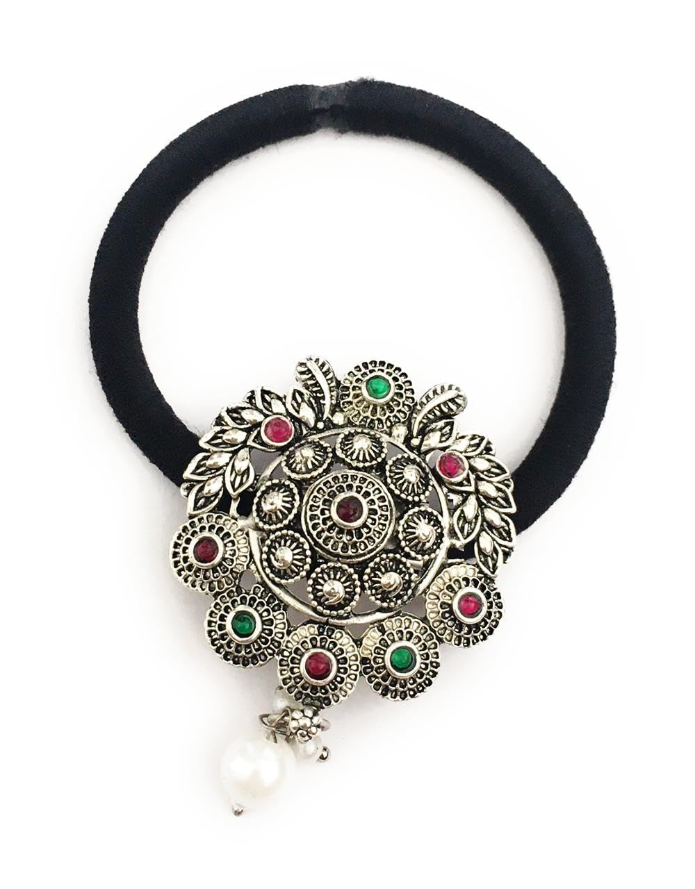 hair bands for women girls black colour stones hair rubber bands (pack of 1) with oxidised silver color decoration hair ties ponytail holders center clips for children (B0D93F34G5) Amazon Price History, Amazon Price Tracker