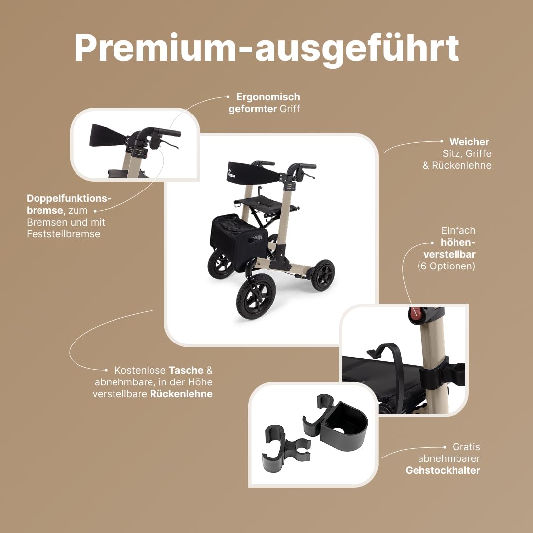 Luxo Air Rollator - Leicht & 2-fach faltbar – Mit Luftreifen, integriertem Bremssystem, gepolsterter Sitz- und Rückenlehne, Tasche, Stockhalter - 7,1 kg - Gehhilfe für Senioren - Champagner