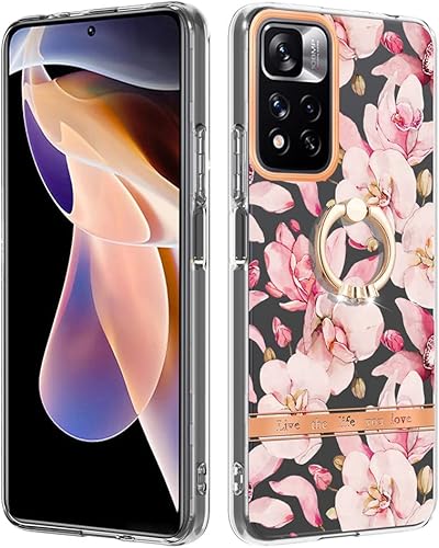 ONV Funda de silicona para Redmi Note 11 Pro 5G Funda con anillo de metal con purpurina de lujo con flor pintada con flores, funda delgada para