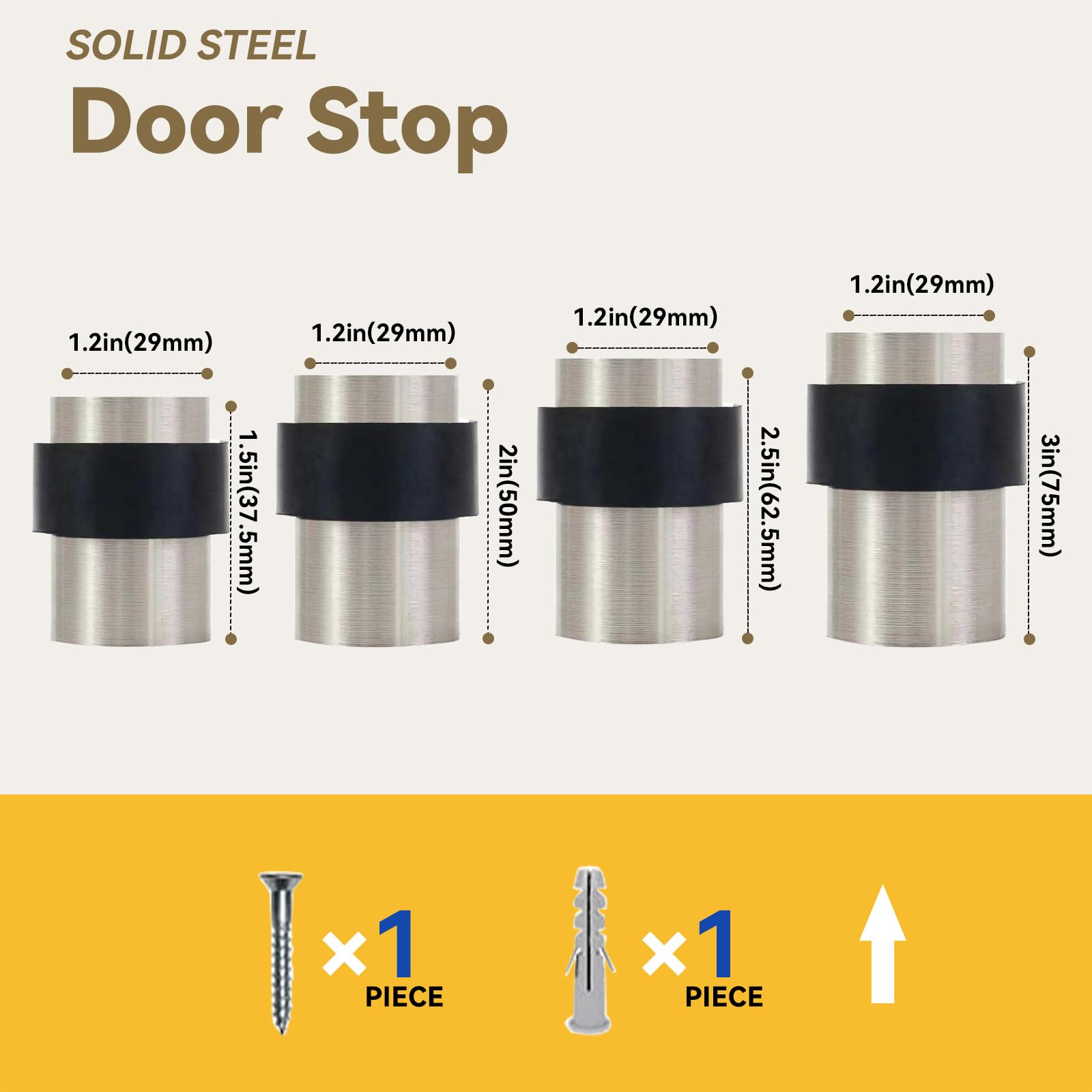 KHTUMEWARE 3801 cylindrical floor door stop dimension diagram, 1-1/2 in (38 mm) overall height, 1.38 in (35 mm) max diameter, Brushed Nickel.