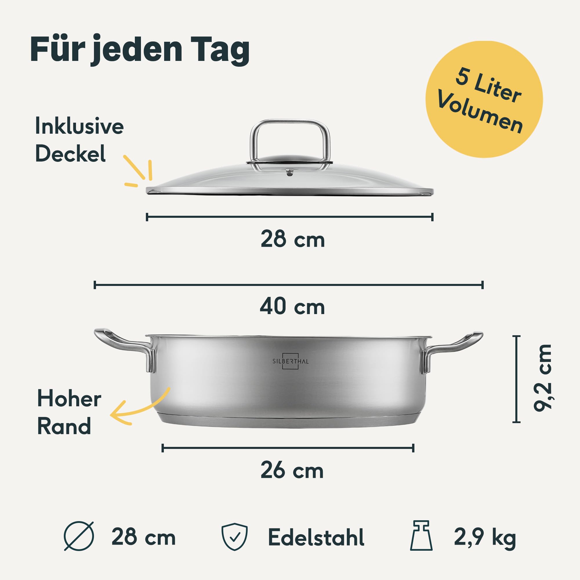 SILBERTHAL Schmorpfanne Unbeschichtet 28 cm hoher Rand | Servierpfanne mit Deckel - Backofengeeignet bis zu 400° - Induktionsgeeignet - 5l