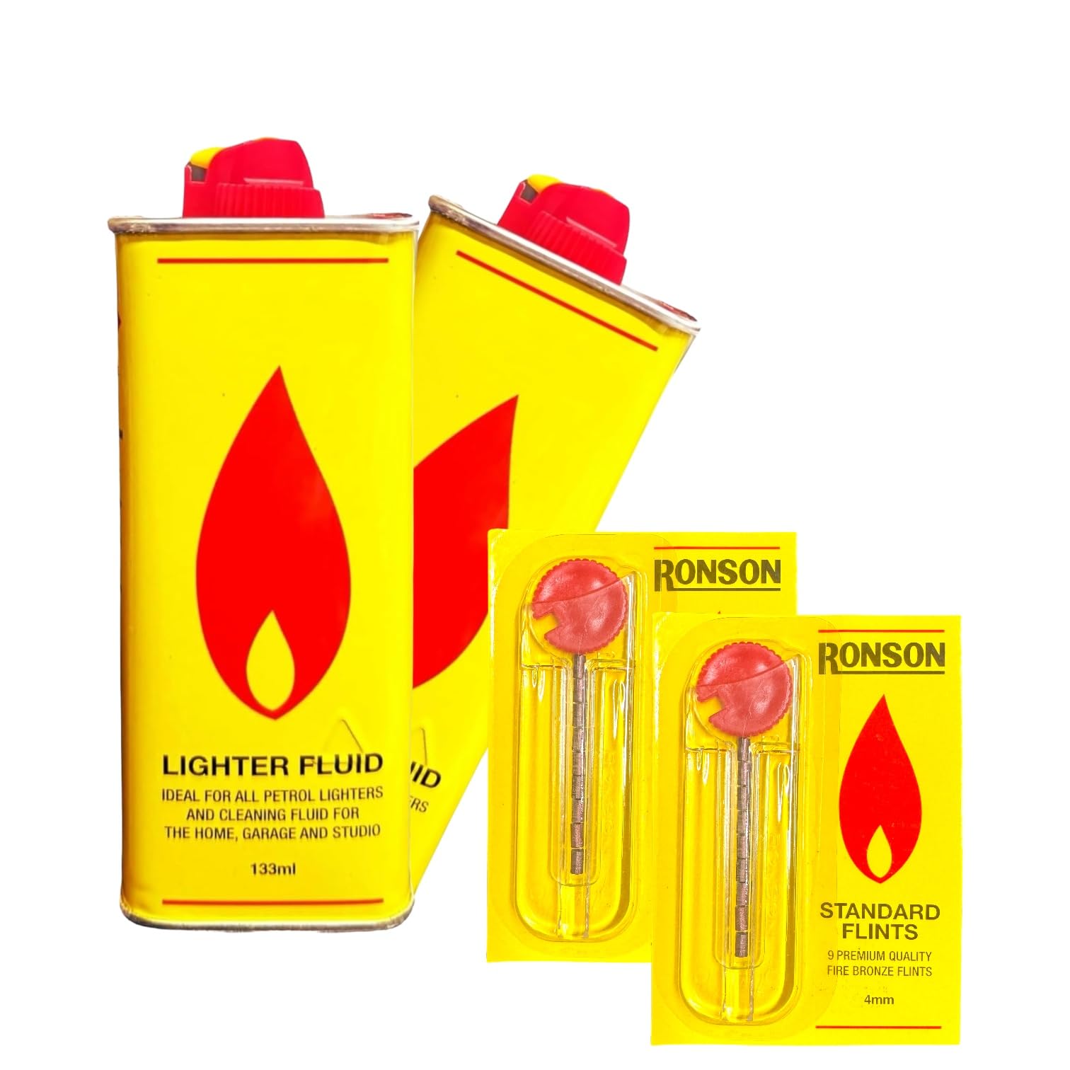 ZYBUX - Pack of 2 Lighter Fluids 133ml and 2 Packs Flints - Long-Lasting, Clean Burning Fuel for Everyday Use