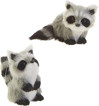 Cutesy Black White Raccoon 3.5 inch Polyester Decorative Holiday Ornament, Set of 2 | Faux Fur Soft Baby Racoon Ornaments for Country Animal Holiday Gift & Decor