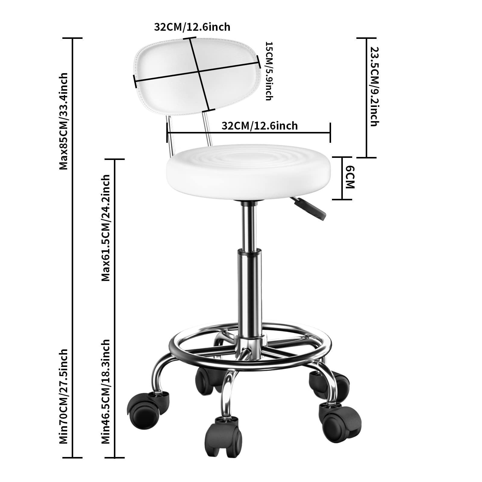 Juego de 2 Taburete Giratorio con Ruedas, Taburete Blanco con Ruedas, Taburete Acolchado y Respaldo Altura Ajustable 47-62cm, Taburete Peluqueria Silla Maquillaje Taburete de Oficina