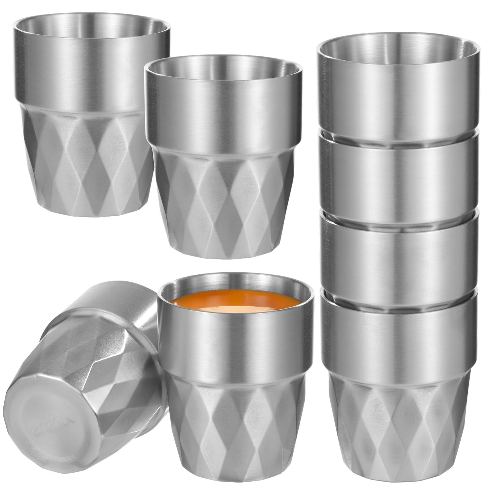 Edelstahlbecher, 284 ml, doppelwandig, isoliert, 304 Stahl, gehämmertes Muster, stapelbare Trinkgläser für Getränke, Kaffee, Camping, 8 Stück