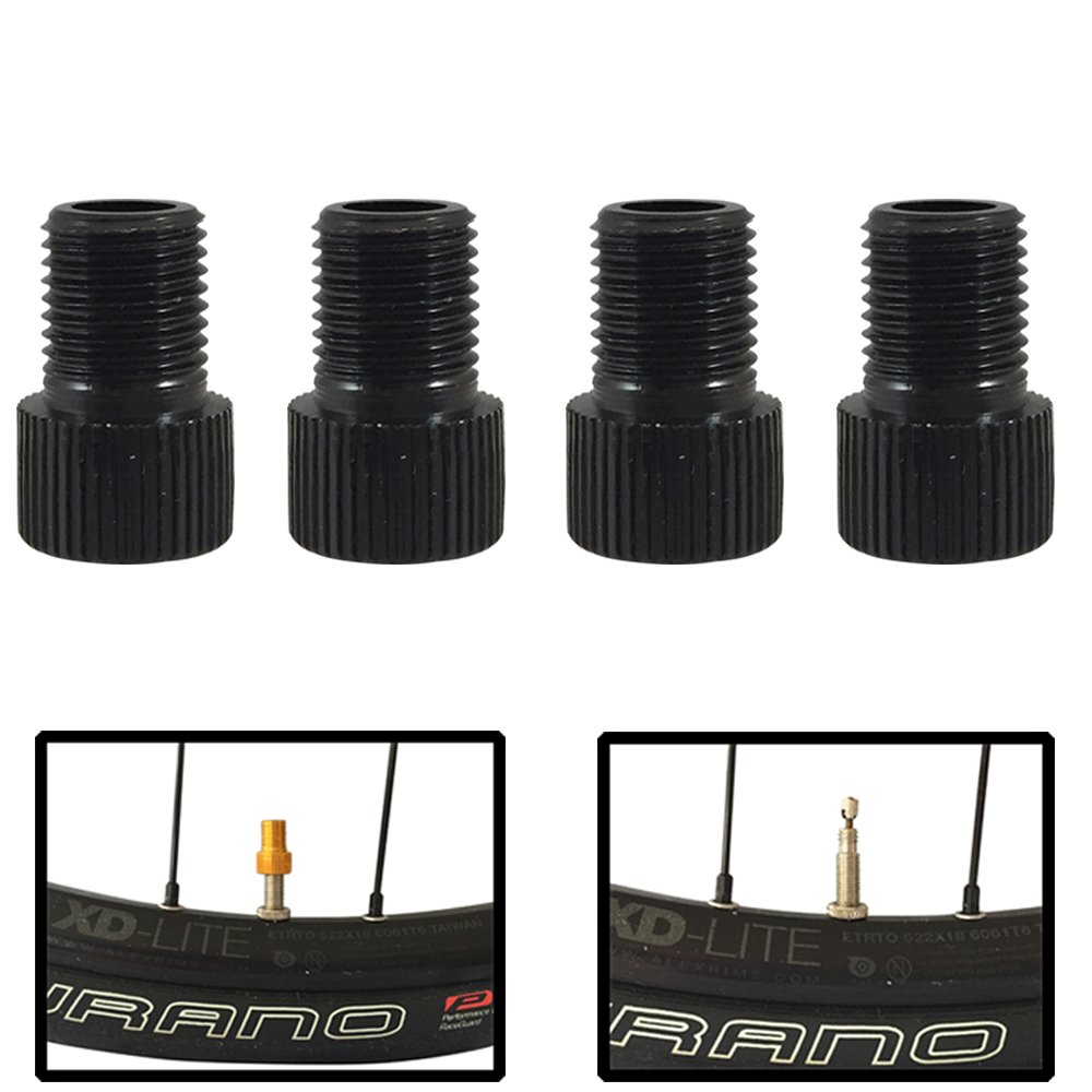 Presta Valve Adapter - Converts Presta Valve Bicycle Tube Stems to Schrader - French/UK to US to Inflates Tube and Tubeless Tires Using Standard Pump or Air Compressor - Pack of 4 (8 Color Options)