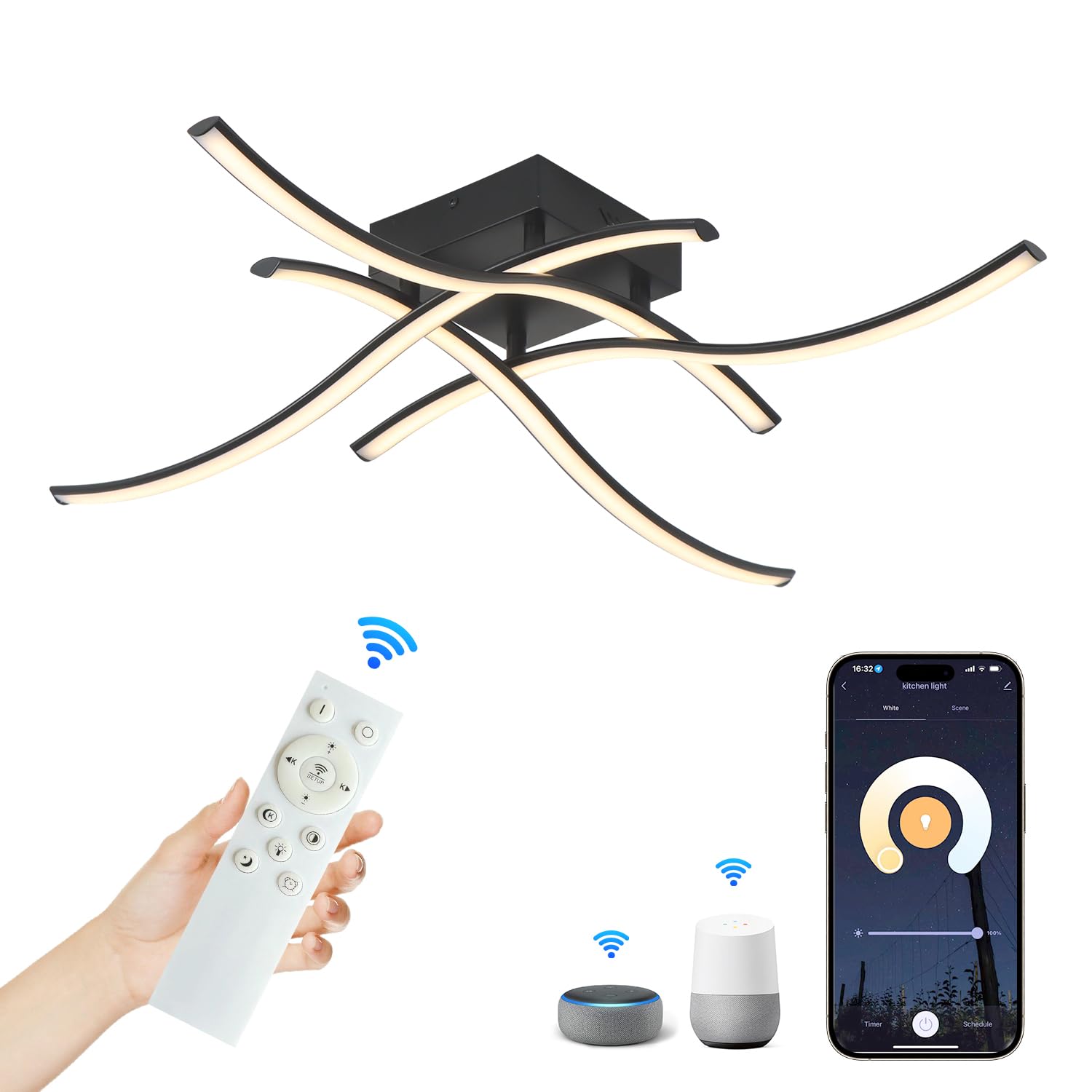 WiFi Smart Flush Mount 4 Lights LED Ceiling Light for Bedroom Kitchen Black Dimmable with Remote Control 29.5 inches Compatible with Alexa Google Home