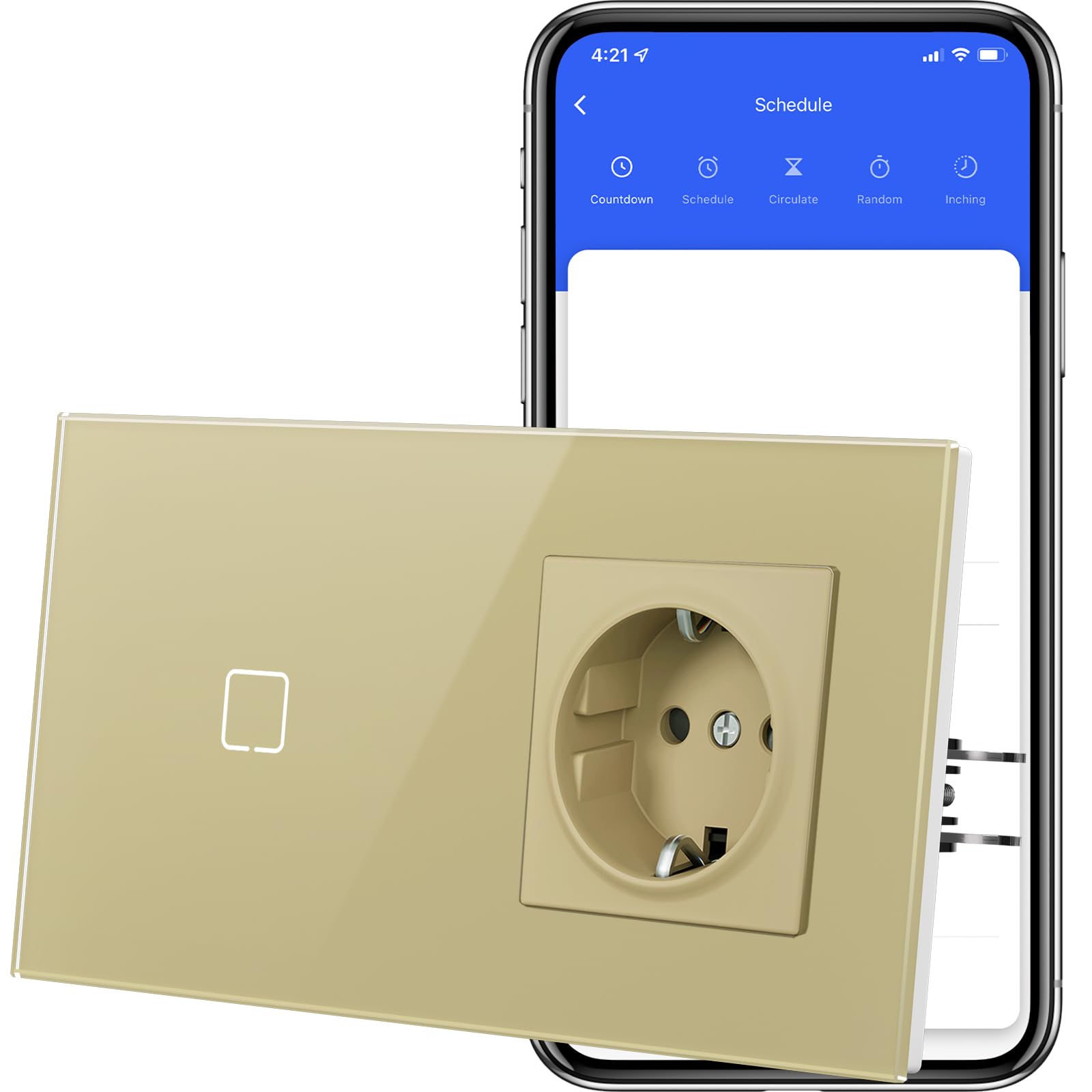 MVAVA Interruptor Tactil Inteligente,WIFI Interruptores de Luz Con Cristal,Compatible con Alexa/Tuya/Smart Life,Requiere Cable Neutro,1 Gang 1 Vía con Enchufe,157mm Oro