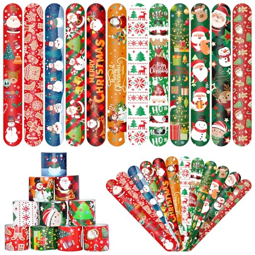 Kreyfer 48 Pieces Christmas Slap Bracelets Bulk Party Favors - 12 Designs Festive Snap Bands Holiday Goodie Bag Xmas Stocking Fillers Classroom Prizes Accessories Wrist Decorations Gifts Supplies