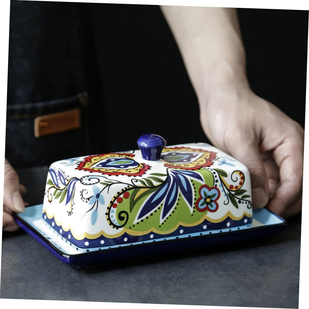 SOLUSTRE Butterglocke Keramik mit Deckel 250g Spülmaschinenfest Vintage Design zur Aufbewahrung von Käse und Früchten im Kühlschrank