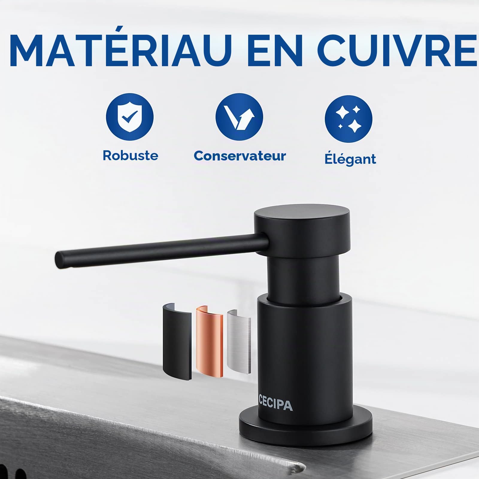 CECIPA Distributeur de Savon Cuisine Encastrable, Distributeur de Détergent pour Évier avec Bouteille de 300ML et Tuyau de Rallonge de 1,2 m, Distributeur Savon en Cuivre Remplissage du Haut, Noir