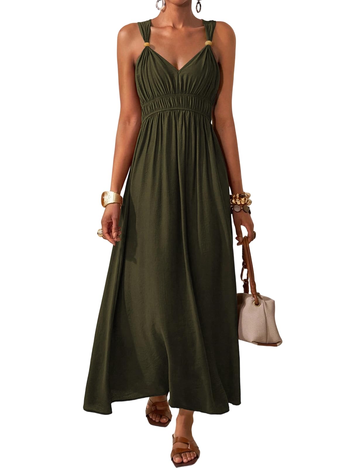 LIAMERHE Robe Longue Femme Été Chic et Élégante - Robe Maxi Décontractée Col en V sans Manches Robe de Plage Bohème Vintage Taille Haute Élastique pour Vacances Fête Quotidien