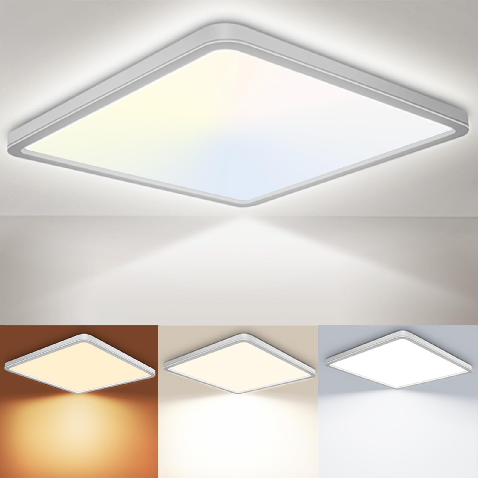 Fynokst LED Deckenleuchte 24W 6000K/4000K/3000K, 3200LM IP54 Ultra Dünn Deckenlampe, Flach Quadrat Modern Badezimmer Lampe Küchenlampe für Flur Schlafzimmer Balkon Wohnzimmer Ø30CM, Weiß 1Stücke