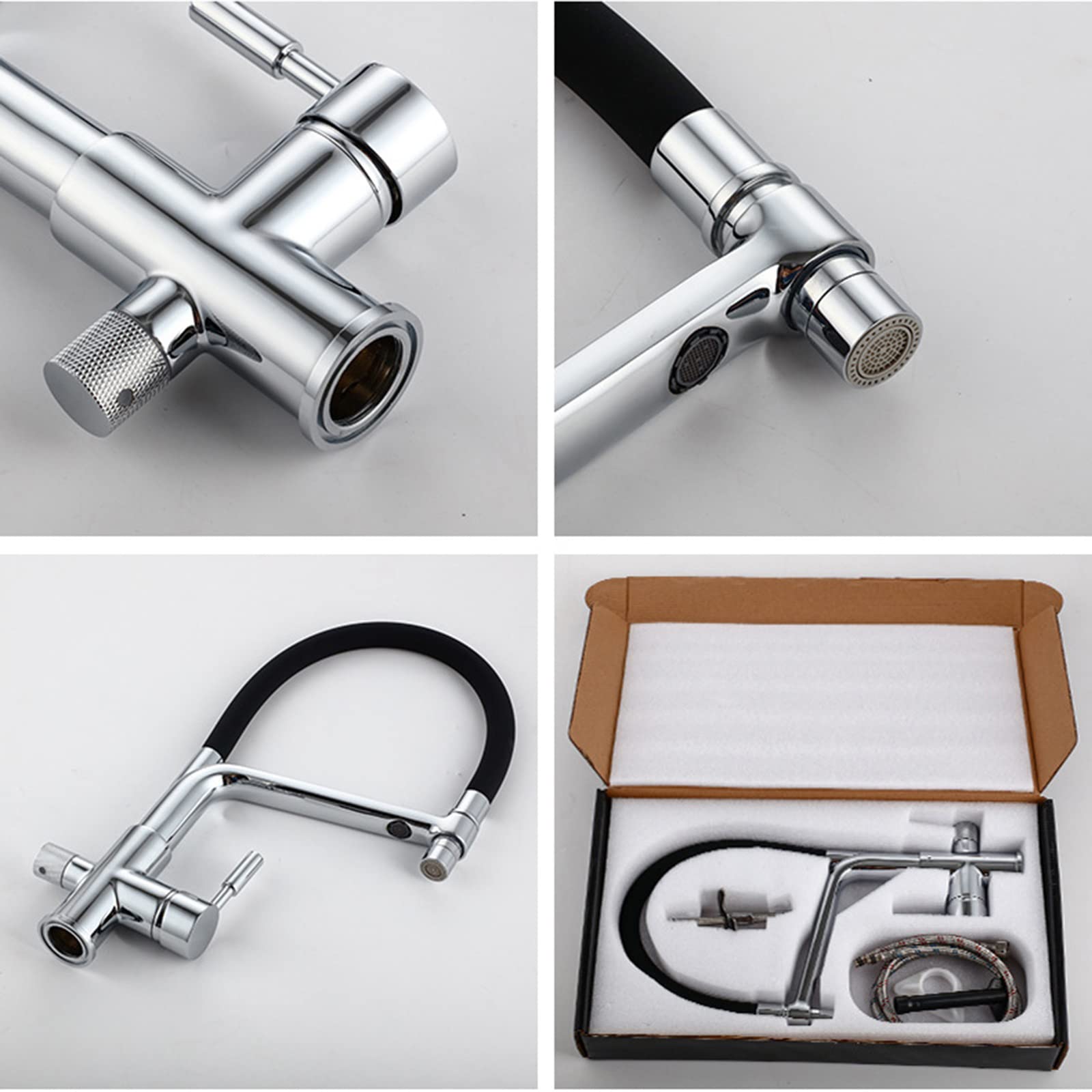 Grifo Cocina Extraible Osmosis Grifo 3 Vias Osmosis Arco Alto Doble Mango 3 en 1 Griferia de Cocina Grifo para Fregadero Filtro Agua Grifo Cocina Pistola Gris
