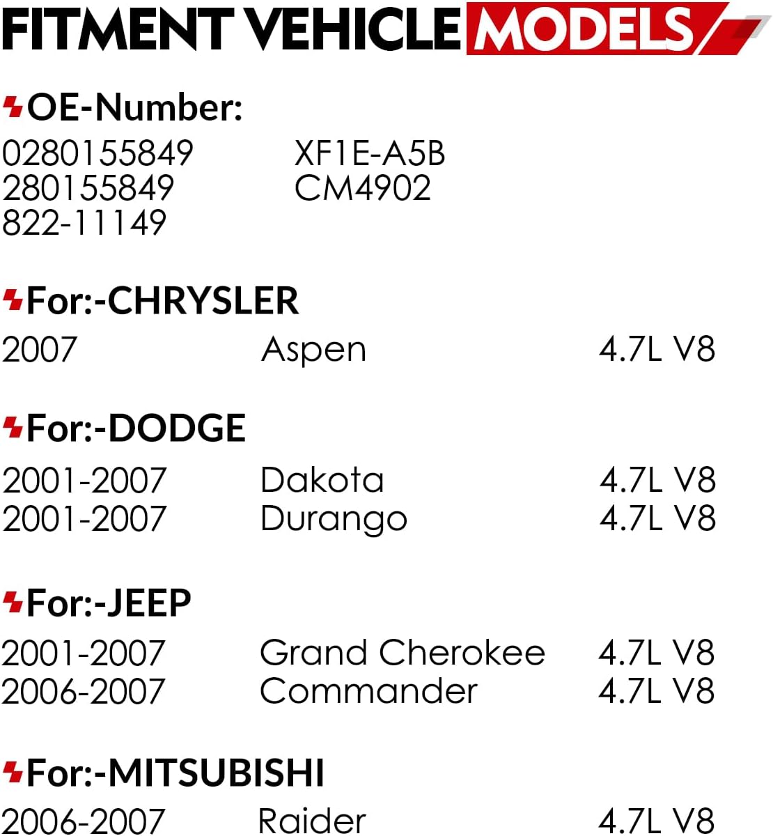 High Performance Fuel Injectors For:-Dodge Durango Dakota 2001-2007 4.7L, For:-Jeep Grand Cherokee Commander For:-Mitsubishi Raider For:-Chrysler Aspen, Replace OE# 0280155849 (8Pcs)