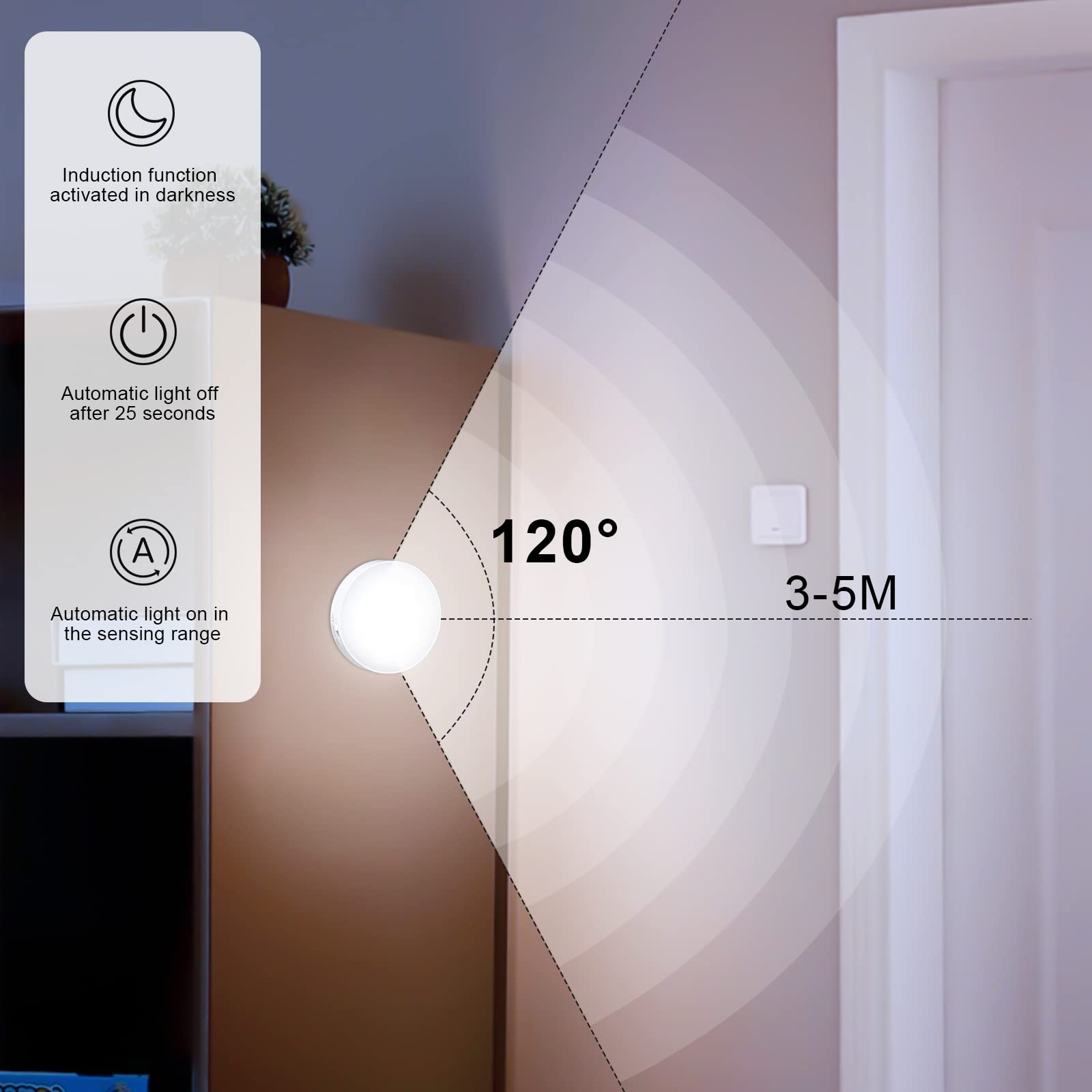 KEWUZY 6-pack Luz Nocturna Sensor Movimiento Recargable por USB, de Armario, 8 LED, 3 Modos (Auto/On/Off) para Armarios, Pasillo, Escalera, Sótano, Garaje(Blanco Frío)