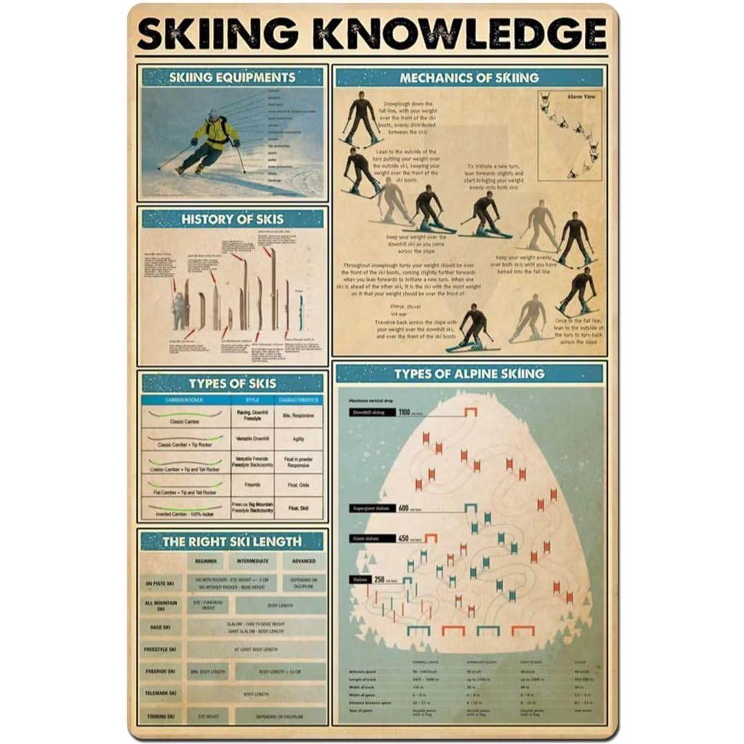 rayprint Skiing Knowledge 2 Metal Signs Vintage Western Wall Decor For Home Kitchen Bar Patio Room Garage Retro Tin Poster Plaque 12"X8" Inch